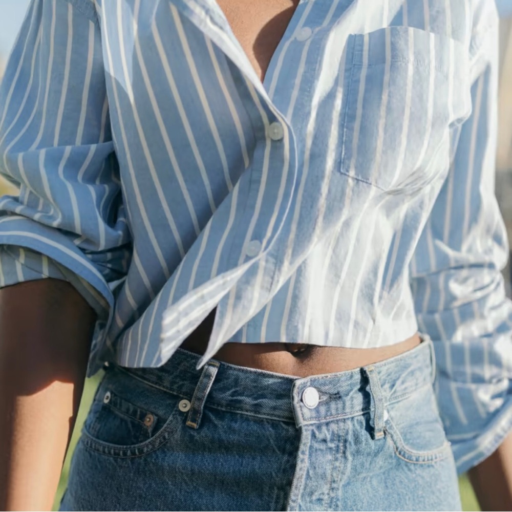EVERLANE The Silky Cotton Way-Short Shirt, Striped Blue Cropped Button Up, Sz L
